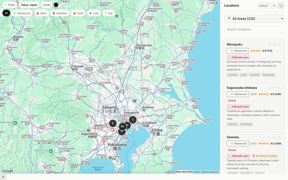 Tokyo city map with curated places